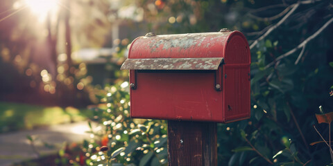 Old red mailbox on a wooden post in the garden, vintage color tone