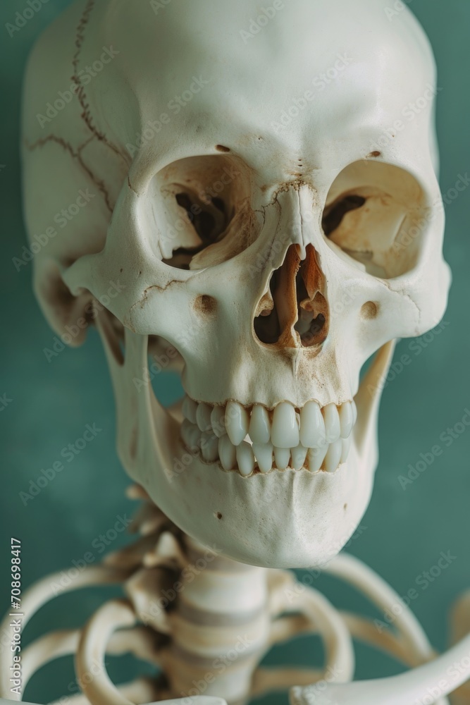 Poster a model of a human skeleton with a missing jaw. ideal for educational purposes or for use in medical