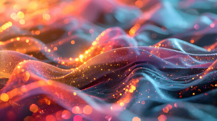Abstract digital art of glowing, undulating waves with orange bokeh effects on a blue and red gradient background.