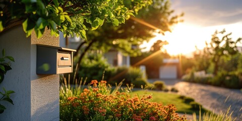 Mailbox on the background of a beautiful sunset in the garden. - obrazy, fototapety, plakaty