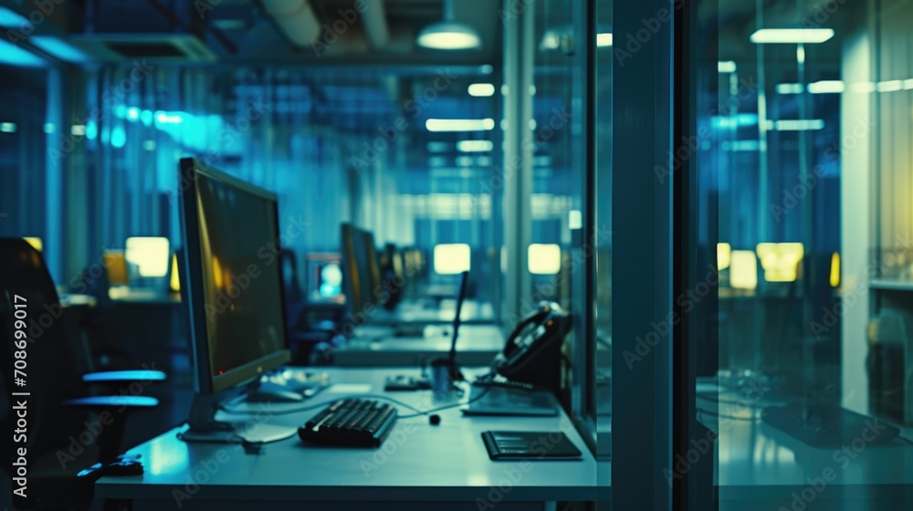 Poster A desk with a computer monitor and keyboard. Suitable for office or workspace concepts