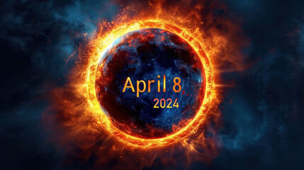 Fiery solar corona illuminates the words 'April 8, 2024' against a starry space background.