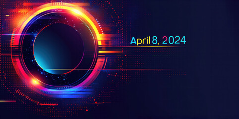 April 8, 2024, solar eclipse emerges in a digital landscape with neon glow and futuristic elements.