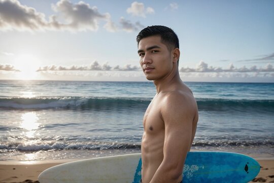 a surfer dude in a beautiful beach looking cool and holding a surfboard enjoying fresh air
