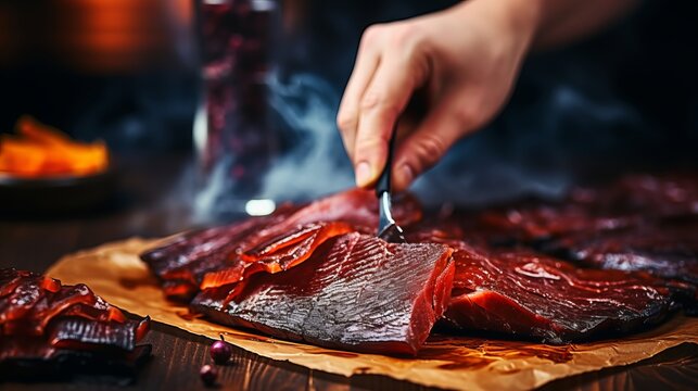Fele of red smoked fish, the hand of the chef with a fork.