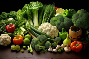 Fresh and colorful vegetables on a wooden table