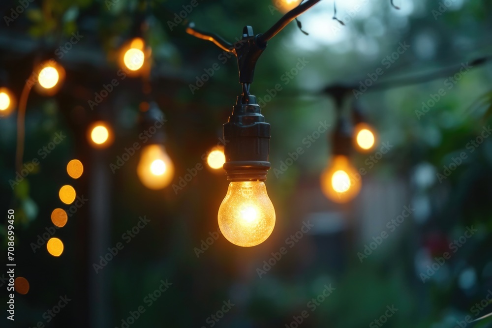 Poster A string of light bulbs hanging from a tree. Can be used for festive decorations or creating a cozy ambiance in outdoor spaces
