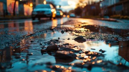 Potholes on the roads close-up in rainy weather - obrazy, fototapety, plakaty
