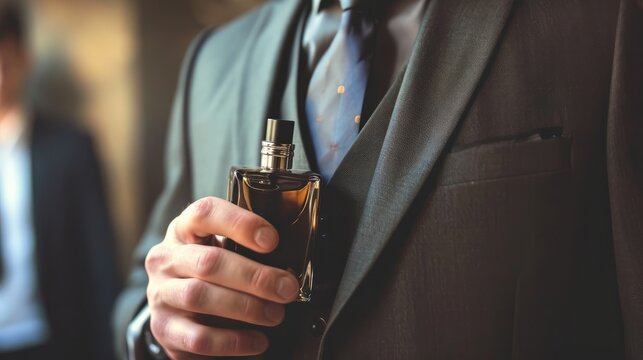 A man in a suit holds a bottle of perfume