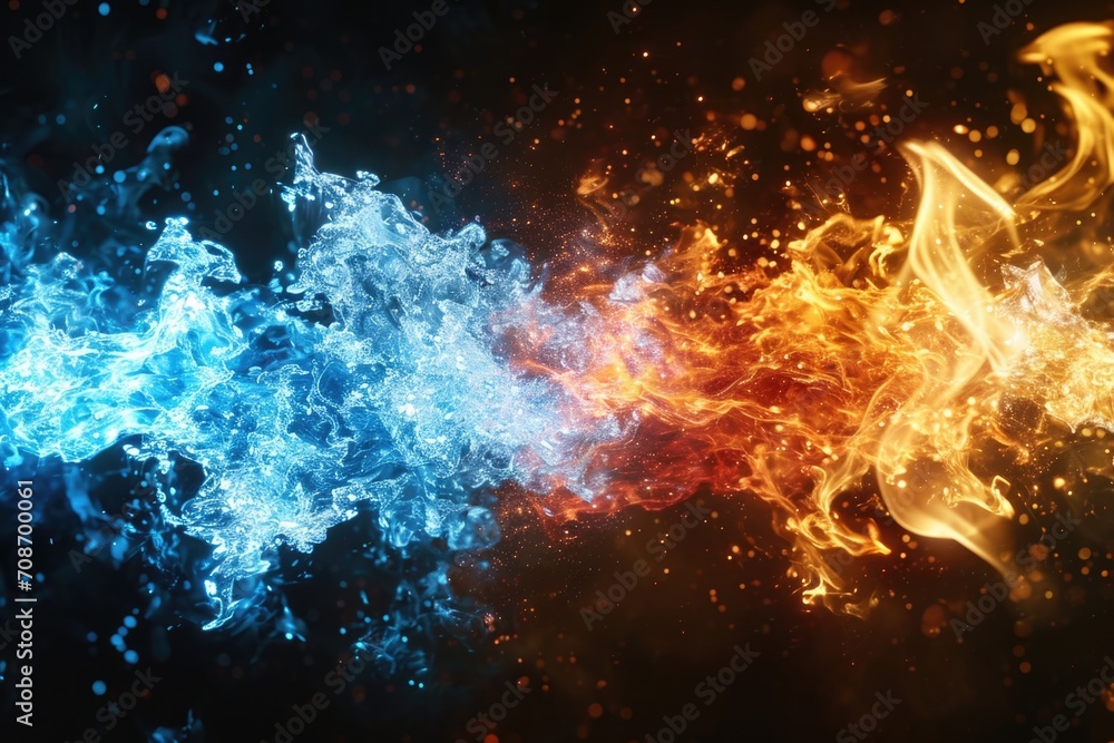 Poster a visually striking image of fire and water contrasting against a black background. this versatile p