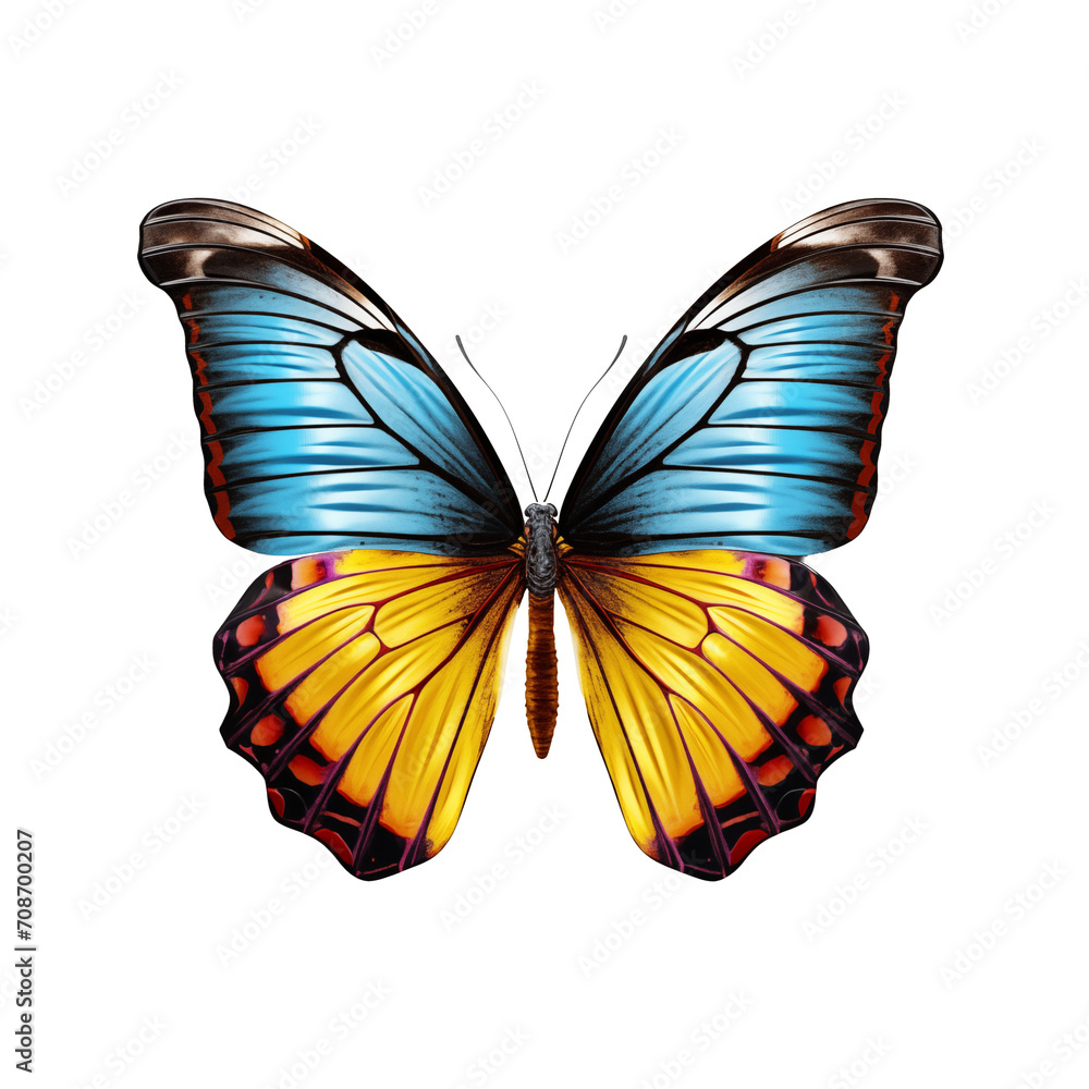 Wall mural butterfly carved on a transparent background. butterfly in blue and yellow colors as a concept for n