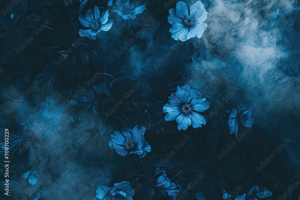 Poster blue flowers with smoke coming out of them. perfect for adding a mystical and ethereal touch to any 