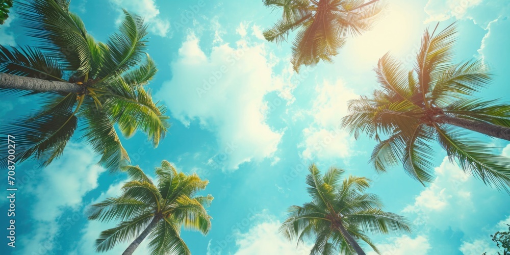 Poster a picturesque image of a group of palm trees against a clear blue sky. perfect for tropical themes a