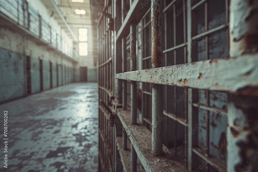 Poster An image of an old jail cell block with rusted bars. This picture can be used to depict the historical aspect of prisons or to convey a sense of confinement and decay