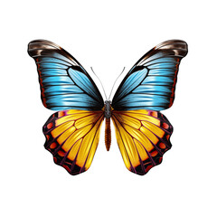 Butterfly carved on a transparent background. Butterfly in blue and yellow colors as a concept for nature and insect protection. A design element to be inserted into a design or project.