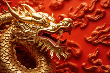 Fototapeta premium Golden Chinese dragon figure on red background. AI generative.