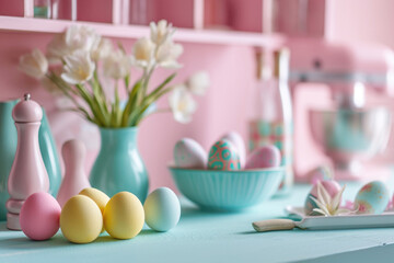 Fototapeta na wymiar Colorful Easter eggs in a rustic kitchen. AI generative.