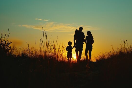 A beautiful silhouette of a family standing together in a field during sunset. This image captures the warmth and togetherness of a family enjoying nature's beauty.