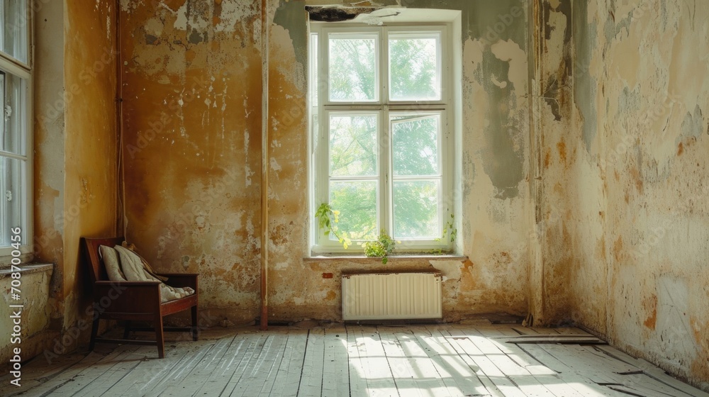 Poster A simple and minimalist room with an empty chair placed near a window. Suitable for various uses