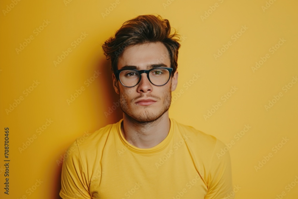 Poster a picture of a man wearing glasses and a yellow shirt. this versatile image can be used in various c
