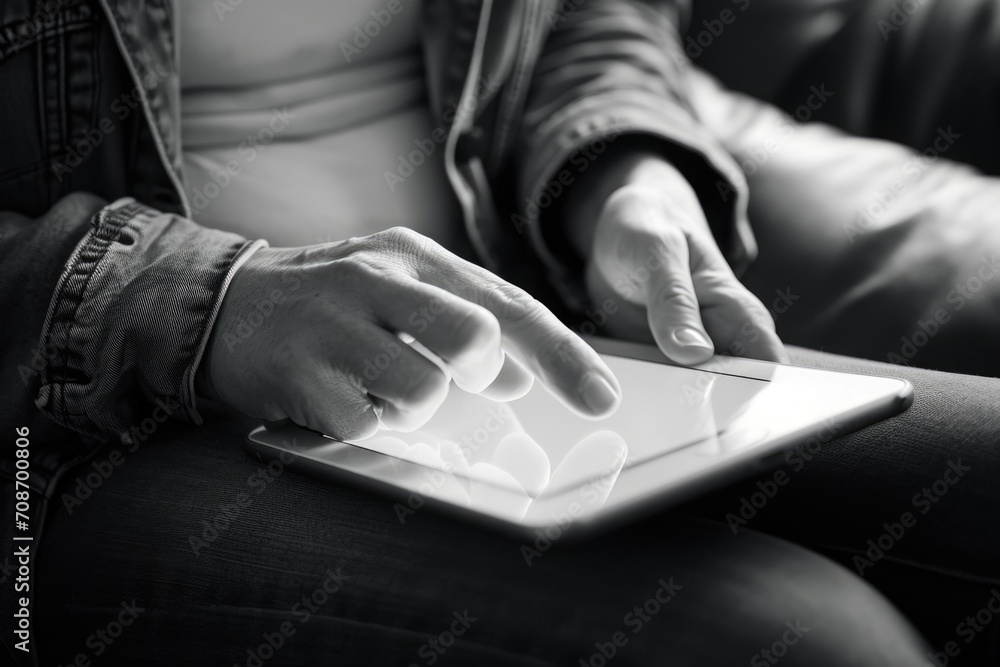 Poster A person sitting on a couch using a tablet. Suitable for technology and relaxation concepts