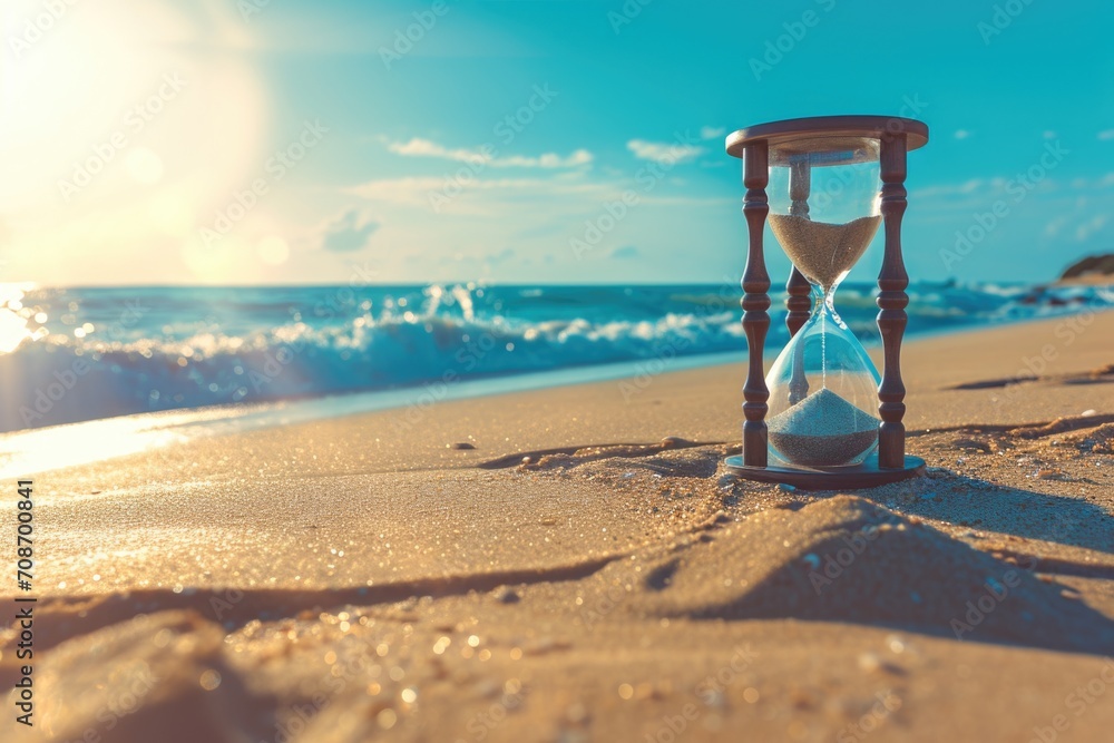 Aufkleber an hourglass sitting on a sandy beach next to the ocean. perfect for time-related concepts and beach