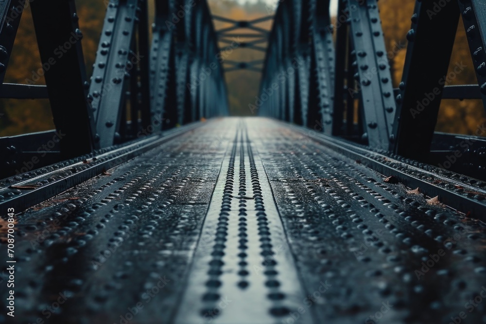 Poster A close-up view of a metal bridge with trees in the background. Suitable for architectural or nature-themed projects