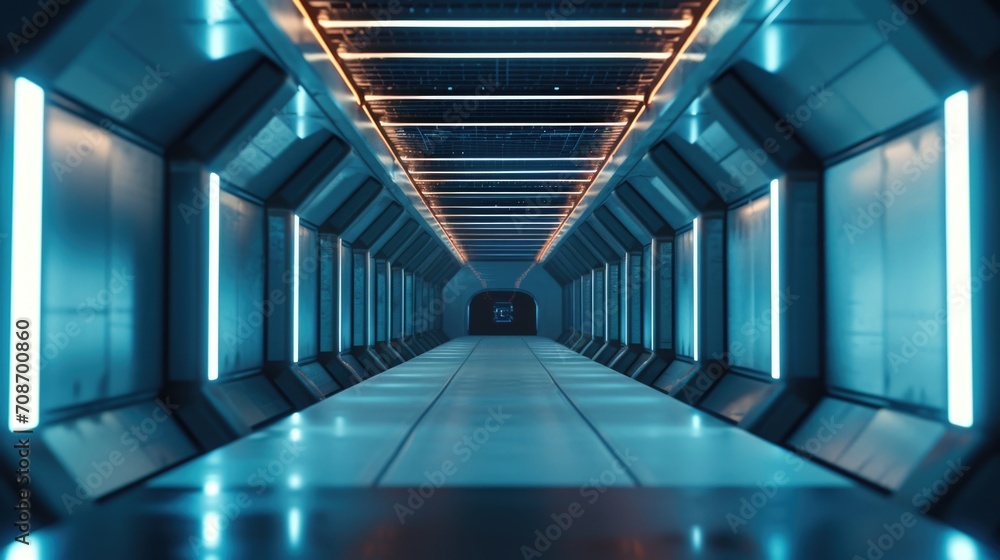 Poster A long hallway filled with multiple laptops. This image can be used to depict a technology-filled workspace or a busy office environment
