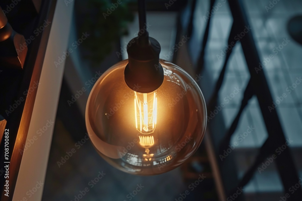 Poster A close up view of a light bulb hanging from a ceiling. Perfect for illustrating concepts related to lighting, energy, and innovation