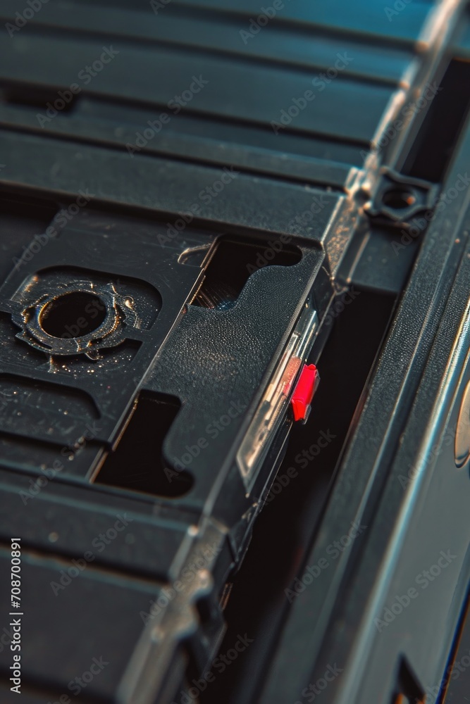 Poster Plastic case with a red button, suitable for various applications