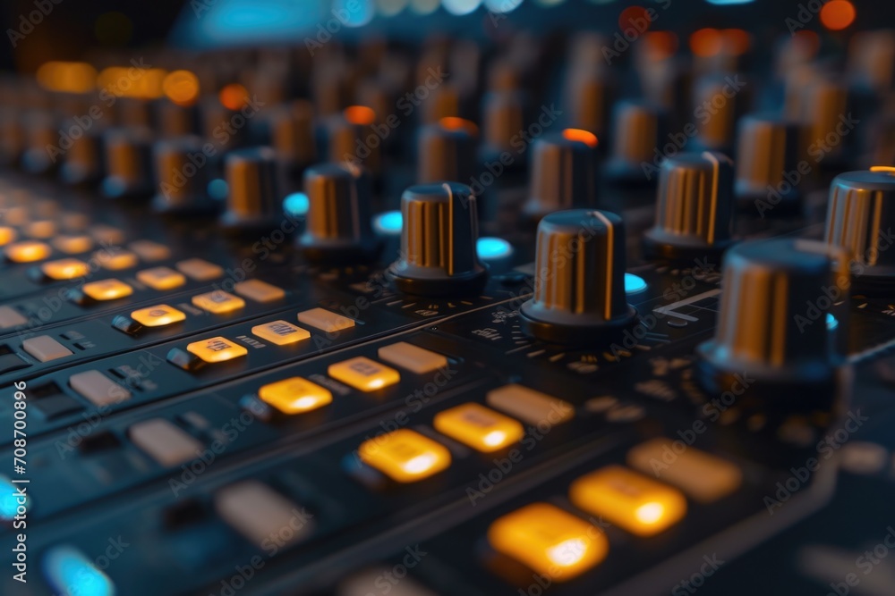 Poster a detailed view of a sound board in a recording studio. perfect for showcasing the technical aspects