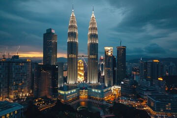 Obraz premium A stunning view of a city at night, captured from a high rise building. Perfect for urban landscapes and cityscape photography