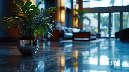 A potted plant placed on the floor of a hotel lobby. Suitable for interior design and hospitality concepts