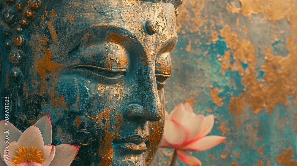 Poster a close up of a statue with a flower in front. suitable for various purposes