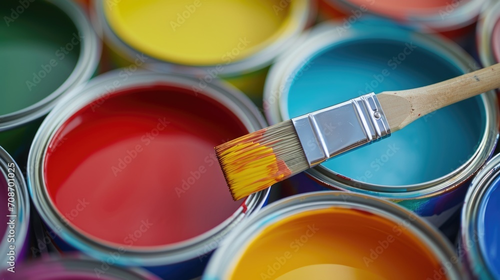 Poster a detailed close-up shot of a paint can with a brush. ideal for use in diy projects, home renovation