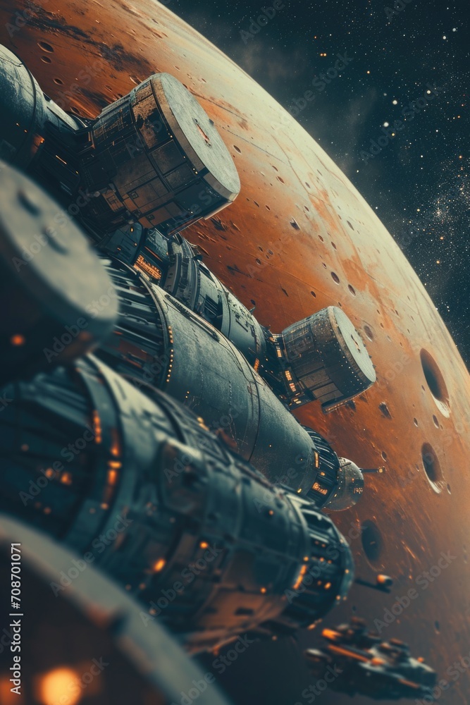 Poster A space station floating in the middle of a vast red planet. Perfect for science fiction enthusiasts and futuristic concepts