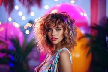 Naklejka premium Beautiful young blonde with curly hair enjoying the festive music at a summer dance party, surrounded by palm trees and the soft lighting of dusk, reflecting joy and leisure.
