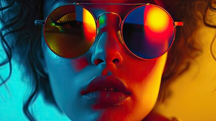 A woman in colorful sunglasses with reflective lens