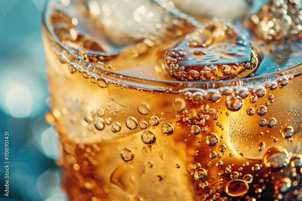 Poster a close-up view of a glass filled with soda and ice. perfect for use in advertisements or beverage-r