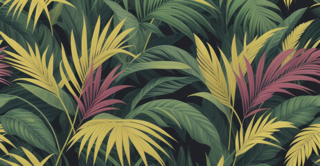  Tropical luxury exotic seamless pattern. Pastel colorful banana leaves, palm. Hand-drawn vintage 3D illustration. Dark glamorous background design. Good for wallpapers, tapestry,cloth, fabric