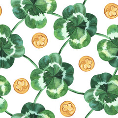 St.Patrick's day seamless pattern with watercolor clover leaves and golden coins on white background. Hand drawn. For paper, fabric, texile design - obrazy, fototapety, plakaty