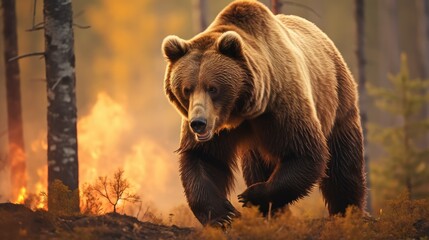 Obraz premium A striking contrast between the bear's earthy hues and the fiery blaze surrounding it