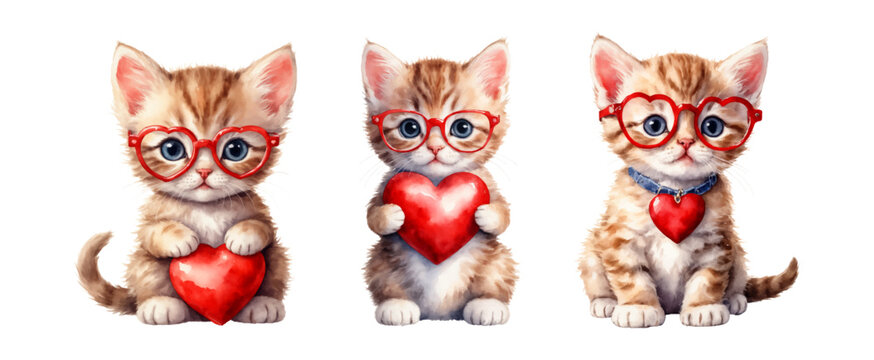 Set of cute watercolor kittens with hearts. Vector illustration with red kittens with hearts for decoration Valentine's Day. Red kittens isolated on a transparent background. Watercolor style.