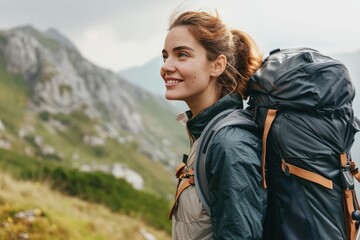 Adventure model in hiking gear Mountain trail