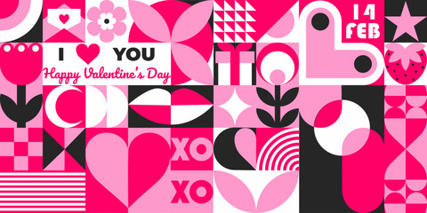 Geometric abstract seamless pattern for Valentine's Day poster, banner, cover, wrapping, sale promotion template. Trendy vector illustration with hearts, flowers and simple forms. Neo geo style.