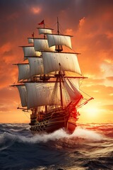 Small sailing ship in the open sea at sunset. Majestic Dawn