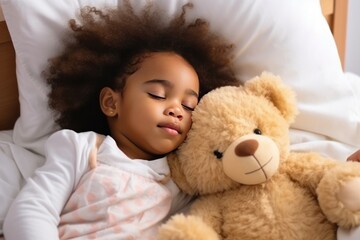 Toddler girl in shirt sleeps sweetly in company of best friend teddy bear seeing pleasant dreams