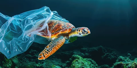 Poster Green sea turtle in plastic bag on coral reef. Concept of environmental pollution © Petrova-Apostolova