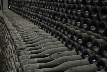 Making traditional champagne. Bottles of sparkling wine, already covered with dust, are stacked in...