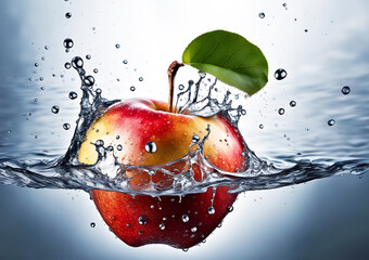Apfel Obst fällt in klares Wasser frische spritzig feucht Tropfen sprühen hoch, Nahaufnahme voller Dynamik und lebendig Essen, Nahrung, Früchte in Aktion - obrazy, fototapety, plakaty